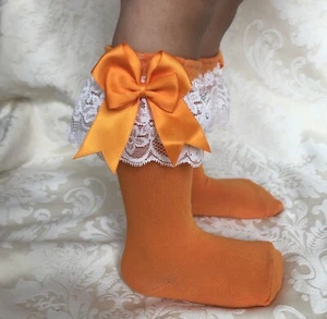 PERFECT PRINCESS Halloween Pumpkin Orange Spanish Bow Knee High Socks Baby/Girl - Picture 1 of 2