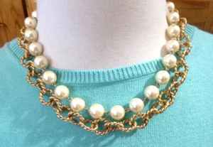 Vintage Sophisticated 2-Strand  Pearl & Chain Necklace Hook Clasp  16-18" Long - Picture 1 of 3
