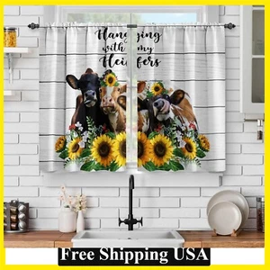Sunflower Cow 28x36" Farmhouse Kitchen Curtains: Farm Funny Animal Spring Floral - Picture 1 of 6