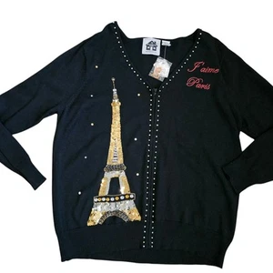VTG Storybook Knits Paris Eiffel Tower Cardigan Sweater Beaded Sz XL 1X NWT - Picture 1 of 11