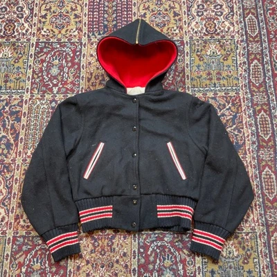 Chaqueta Universitaria True De Colección Años 50 Lasley Knitting Co Negra Roja Lana Cremallera Capucha 34 EE. UU. Foto 1 de 4