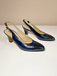 Salvatore Ferragamo 6.5 B Slingback Heels Snakeskin Cap Toe Blue Leather Classic - Picture 1 of 8