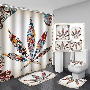 3D Ahornblatt Blätterdruck Duschvorhang Badezimmerteppich WC Badematte Set Neu - Bild 1 von 6