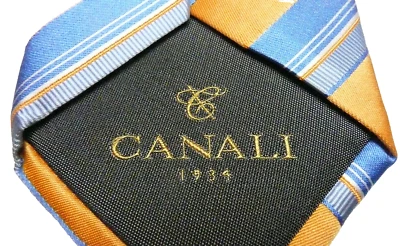 豪华! 全新正品加拿大丝绸领带意大利制造。  经典条纹阳光黄色 — 第 1/4 张图片