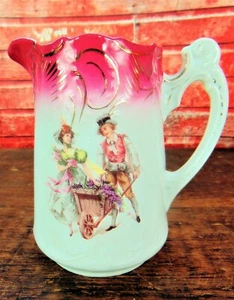 Antique 19th C Victorian Water Pitcher Jug W/Transfer Garden Scene Man &Woman - Picture 1 of 8