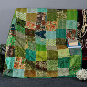 Vintage Patchwork Kantha Bedspread Indian Handmade Quilt Throw Green Blanket