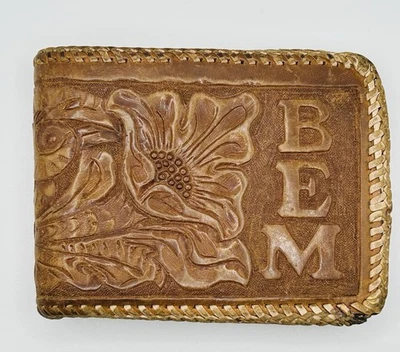 Billetera de cuero de colección años 70 trabajada a mano pátina occidental envejecida occidental Foto 1 de 4