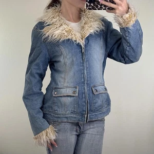 Y2K vintage Tammy denim jacket zip up faux fur trim fleece lined cargo pockets - Picture 1 of 9