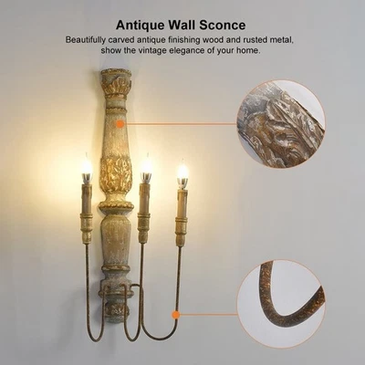 Aplique de pared de vela de madera French Country de 3 luces diseño tallado envejecido Foto 1 de 4