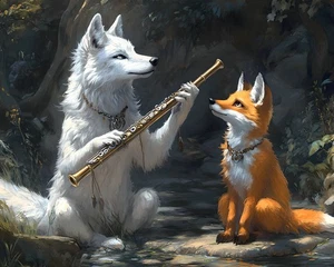 Flauta tocando lobo para zorro arte en lienzo decoración del hogar arte de pared póster impresión pintura - Imagen 1 de 9