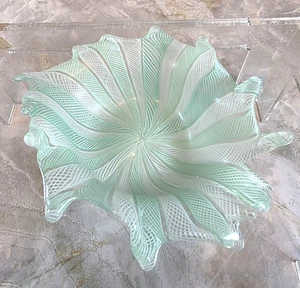 Vtg Venetian Murano Latticino Ribbon Art Glass Turquoise White Swirl Dish Bowl - Picture 1 of 16