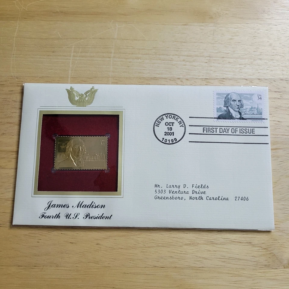 詹姆斯·麦迪逊第四届美国总统22kt黄金复制品邮票第一天带卡 — 第 1/4 张图片
