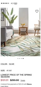 Nuloom Washable 4x5 Tropical Rug Green Leaves - Picture 1 of 7