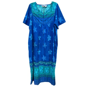 Vintage Starfish Print Cotton Maxi Dress 1X Flowy Retro Beach Resort Cruise Boho - Picture 1 of 5