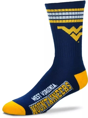 NEW! West Virginia Mountaineers NCAA 4 Stripe Deuce Medium Crew Socks Fits 5-10 Cover