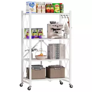 4-Tier White Foldable Metal Rack Storage Shelving Unit, Kitchen Shelf Pantry Org - Picture 1 of 5