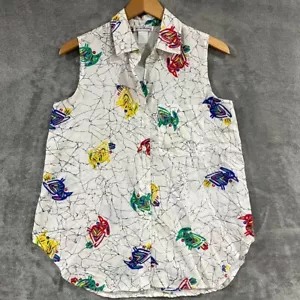 Vintage 100% Cotton Button Sleeveless Top Abstract Bird Colorful Art Botton Sz L - Picture 1 of 10