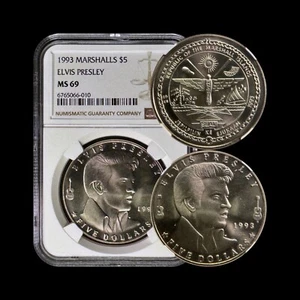 MARSHALL ISLANDS. 1993, 5 Dollars - NGC MS69 - Top Pop 🥇 Elvis Presley - Picture 1 of 7