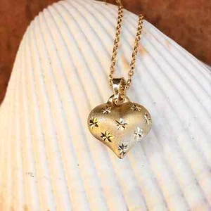 10KT Yellow Gold Satin Diamond-Cut Puffed Heart Pendant Charm SMALL 3D 11mm - Picture 1 of 8