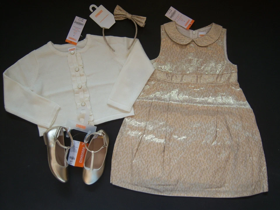 NUEVO CON ETIQUETAS Gymboree Holiday Brillo Dorado Brocado Vestido Diadema Cárdigan Suéter y Zapatos Foto 1 de 1