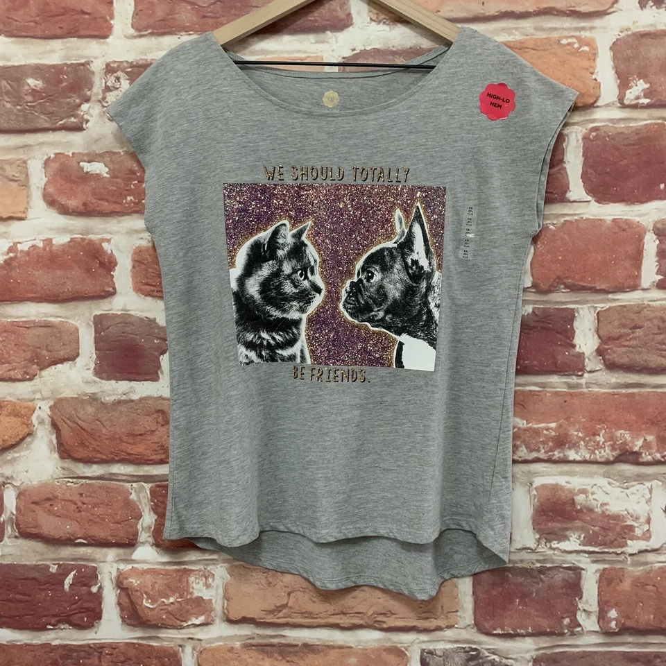 Camiseta Total Girl XXL Gris Brillante Gato Perro Animal Estampado Alto Bajo Slubbed Top Foto 1 de 4
