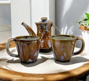 Ken Edwards Pottery Teapot Set Carafe W/ Lid & 2 Mugs Cups Mexico Folk Art - Picture 1 of 24