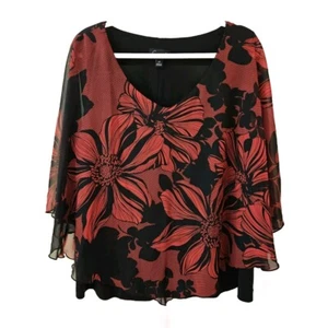 Connected Plus Size Women's Printed Chiffon Cape Top 2XL Red & Black Floral - Picture 1 of 7