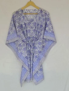 Hand-Block Kaftan, Woman's Party Wear Dress, Cotton Running Short Caftan 2k25 - Picture 1 of 6