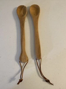 Set Of 2 Handmade Hand Carved Wooden Serving Spoons Texas Bread Knife Co On Back - Picture 1 of 6