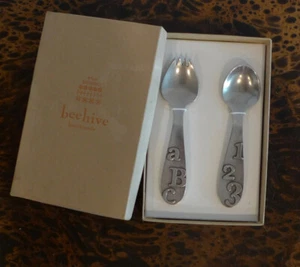Beehive Lead Free Pewter Baby Spork and Spoon ABC 123 NIB - Picture 1 of 8