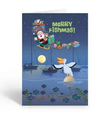 Tarjeta de Navidad de Pesca, Escena de Vacaciones de Pelícanos y Papá Noel, 18 Tarjetas y Sobres Foto 1 de 4
