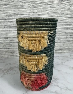 Handwoven Sisal Coil Basket With Fringe - Includes Glass Vase - Picture 1 of 9
