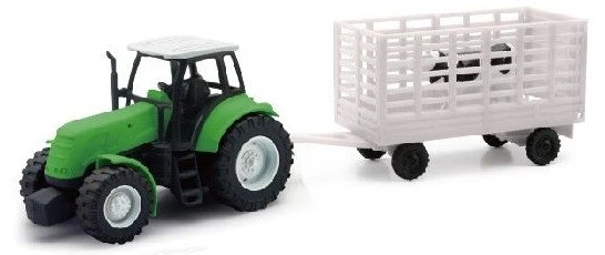 NEWRAY,Green tractor with livestock trailer and 1 cow, 1/32, NEW05685D - Image 1 of 1