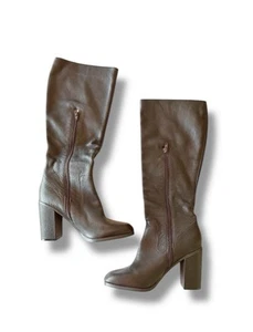 Lands' End Brown Leather Knee High Boots Women's Size 10 Block Heel Equestrian - Picture 1 of 9