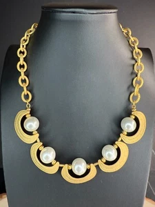 Etruscan Revival Faux Pearl Gold Plated Link Chain Necklace - 18" - Picture 1 of 8