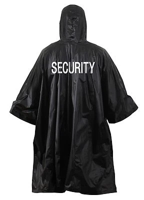 Black SECURITY Rain Poncho Coat Vinyl Hooded Waterproof Outdoor WeatherJacket - Image 1 of 3