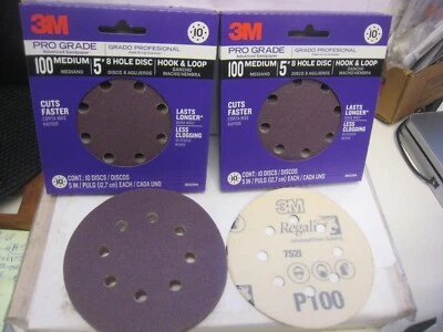 3M 5" 8 Hole Sanding Disks Sandpaper Discs 2 Pack of 10 -100 Grit  Hook Loop PRO - Image 1 of 4