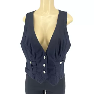 Ann Taylor Loft 100% Cotton Women Vest V Neck Front Pocket Navy Blue Waistcoat L - Picture 1 of 12