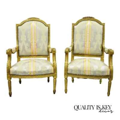Vintage French Louis XVI Gold Giltwood Upholstered Lounge Chairs (B) - a Pair - Image 1 of 4