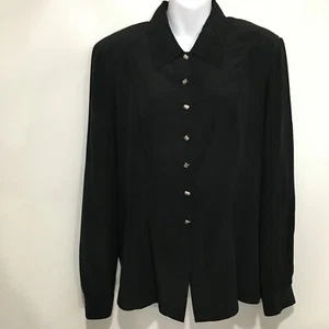 Jaeger 12 Black Silk Blouse Top Silver Thimble Buttons French Cuff Shoulder Pads - Picture 1 of 8
