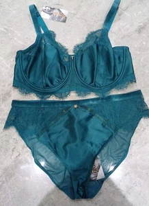 40F M&S Rosie Saffron Satin & Lace Wired Balcony Bra & High Leg Knickers Size 16 - Picture 1 of 12