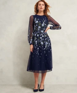 Hobbs Lois Embroidered Long Sleeve Dress Midi Length Navy Blue Floral Size UK 18 - Picture 1 of 23