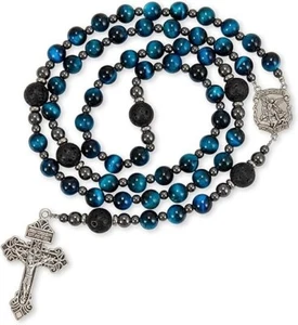 Saint Michael Blue Tiger's Eye Rosary Beads Necklace with Lava Mystery Beads - Picture 1 of 6