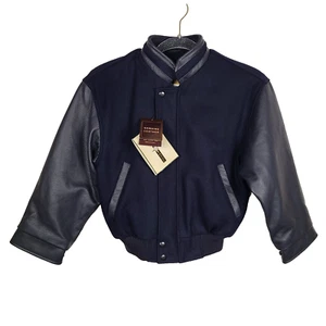 Vintage Y2K North End Varsity Bomber Jacket Quilted Youth S 6/7 Blue Leather NEW - Picture 1 of 17