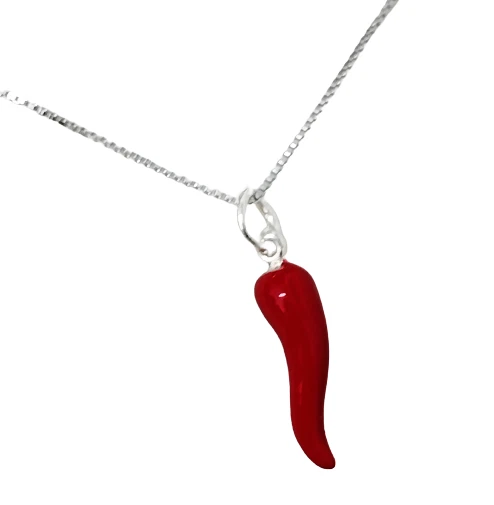 Collana Cornetto Corno Rosso Scuro Portafortuna Uomo Donna In Argento - Immagine 1 di 1