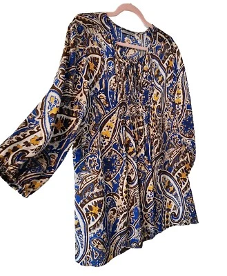 Blusa túnica Anne Klein 16 mezcla de seda lux moderna estampado cachemir azul amarillo... Foto 1 de 4