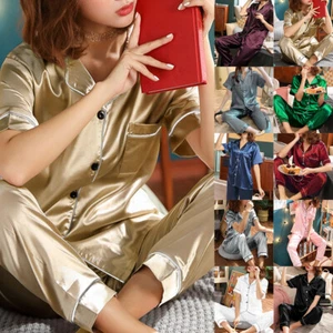 Damen Satin Pyjama Set Kurzarm Nachthemd Lang Hose Schlafanzug Sommer Hausewear - Bild 1 von 24