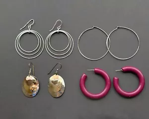 Earrings Lot Of 4 - Assorted Hoop, Stud & Dangle Earrings - Picture 1 of 7