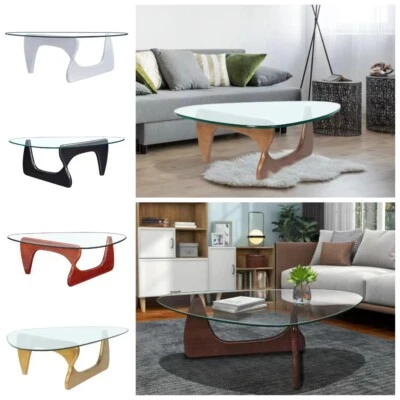 Modern Coffee Table Side Center Table Thickened Triangle Glass Top Solid WoodLeg - Image 1 of 3