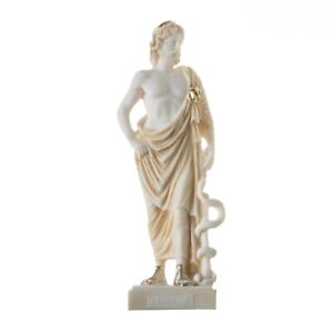 Asklepius Grecki bóg medycyny Alabaster H/m Złoty odcień Muzeum Kopia Statua 9"
